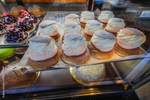 Nynashamn, Sweden Swedish baked delicacies called semlor, semla, in a bakery window.