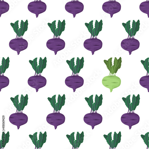 Cartoon seamless pattern for paper design with purple kohlrabi root with green leaf. Colorful background. Eye catching element - green vegetable.