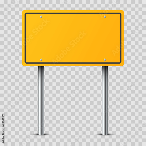 Realistic yellow traffic sign on metal pole isolated on transparent background. Rectangular blank traffic road empty sign. Mockup template for your design. Street traffic sign, road signpost direction