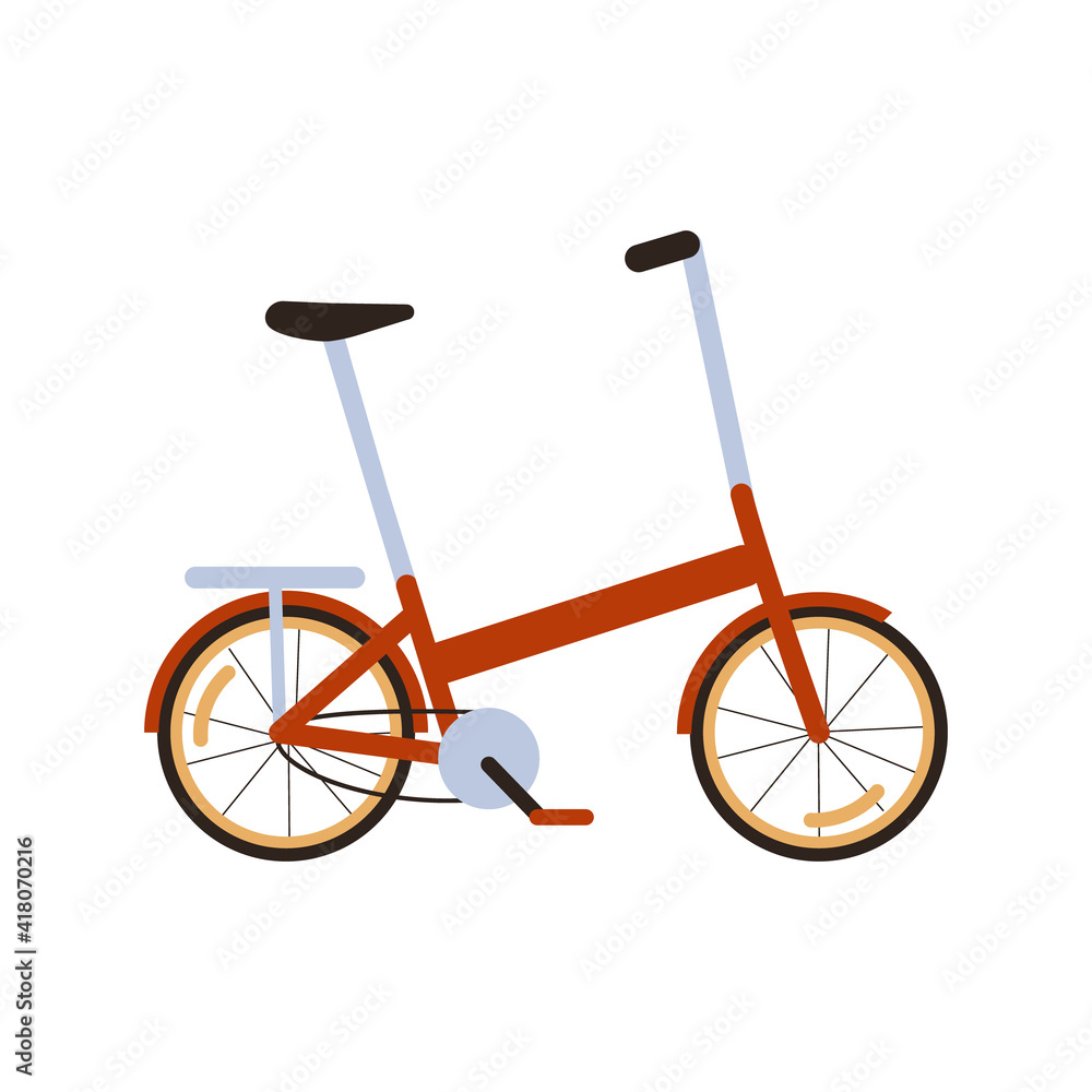 Red Modern Folding City Bike. Ecological Transport side view. Commuting by compact portable electric Lightweight Fold Up Bike. Ecological Transportation. Vector flat isolated on white. 