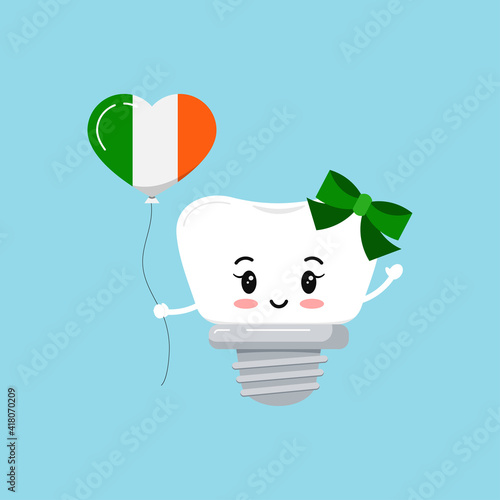 St Patrick cute tooth dental implant icon isolated. Orthodontist dentistry teeth character with irish flag color heart shape balloon. Flat design cartoon vector kid illustration
