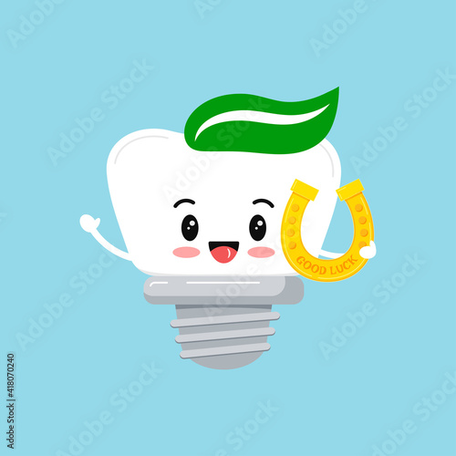 St Patrick tooth dental implant icon isolated. Orthodontist dentistry teeth character with irish lucky charm - golden horseshoe.  Flat design cartoon style vector kid dentistry illustration