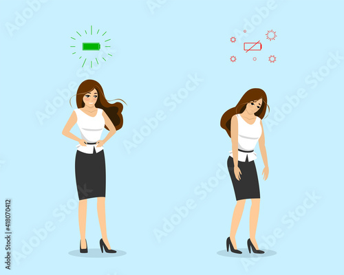 Businesswoman professional burnout syndrome. Exhausted sick tired female manager walking. Happy and sad boring woman comparison. Frustrated worker mental health problems. Long work illustration