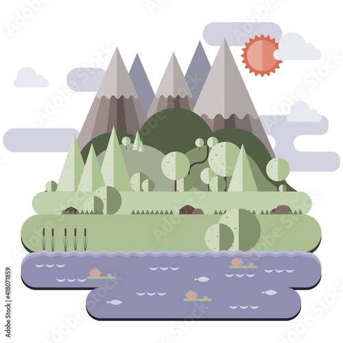 Sunny day landscape illustration in flat style with mountains, forest and water. Background for summer camp, nature tourism, camping or hiking design concept.