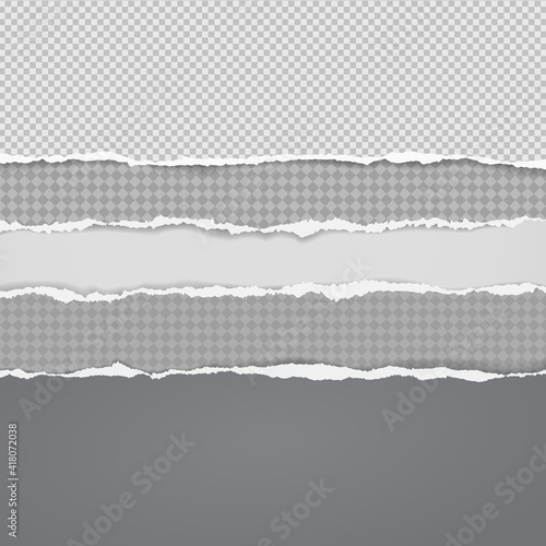 Torn of white and squared paper are on light grey background for text, advertising or design. Vector illustration