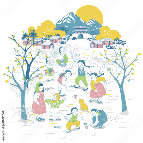 Vector illustration of Children playing with spinning top in winter. The modern design of Korea. Design for Poster, card, picture frame, fabric, web design and print project