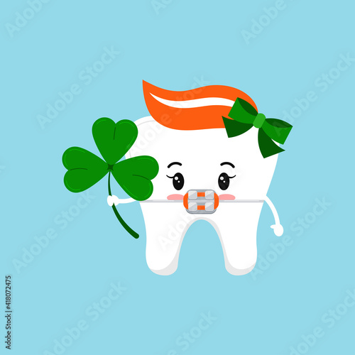 St Patrick day tooth dental braces icon isolated. Orthodontic dentistry teeth character with irish lucky charm - shamrock clover. Flat design cartoon vector dentistry kids illustration.
