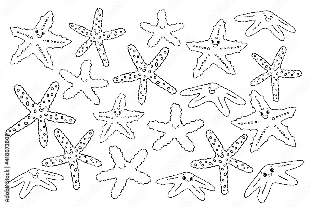 Fototapeta premium Set of vector black white isolated outline cartoon colorful sea stars or Starfish with eyes, smile. Doodle Marine invertebrates with five arms on white background for kids coloring book or print.