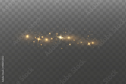 Christmas light effect. Sparkling magical dust particles.The dust sparks and golden stars shine with special light.