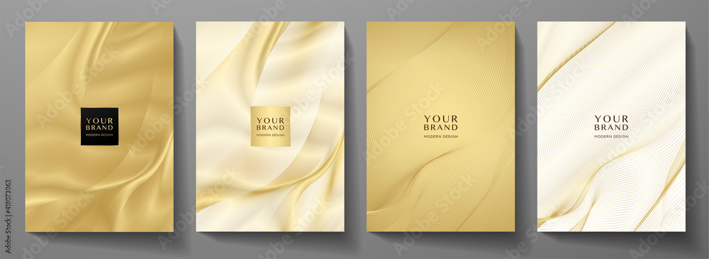 © Shiny777 - Modern cover design set. Gold abstract line pattern (guilloche curves) in premium gold color. Luxury golden stripe vector layout for business background, certificate, brochure template