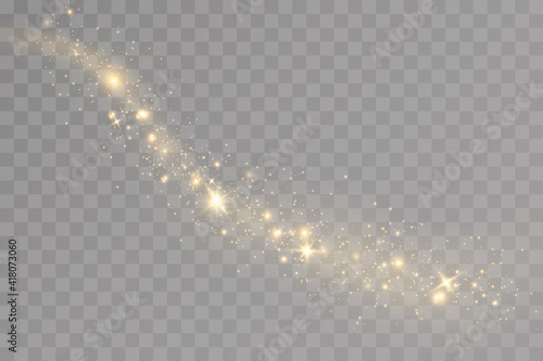 Christmas light effect. Sparkling magical dust particles.The dust sparks and golden stars shine with special light.