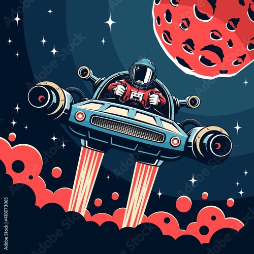 Vintage space poster with astronaut pilot of personal spaceship. Mars exploration retro poster. vector illustration.