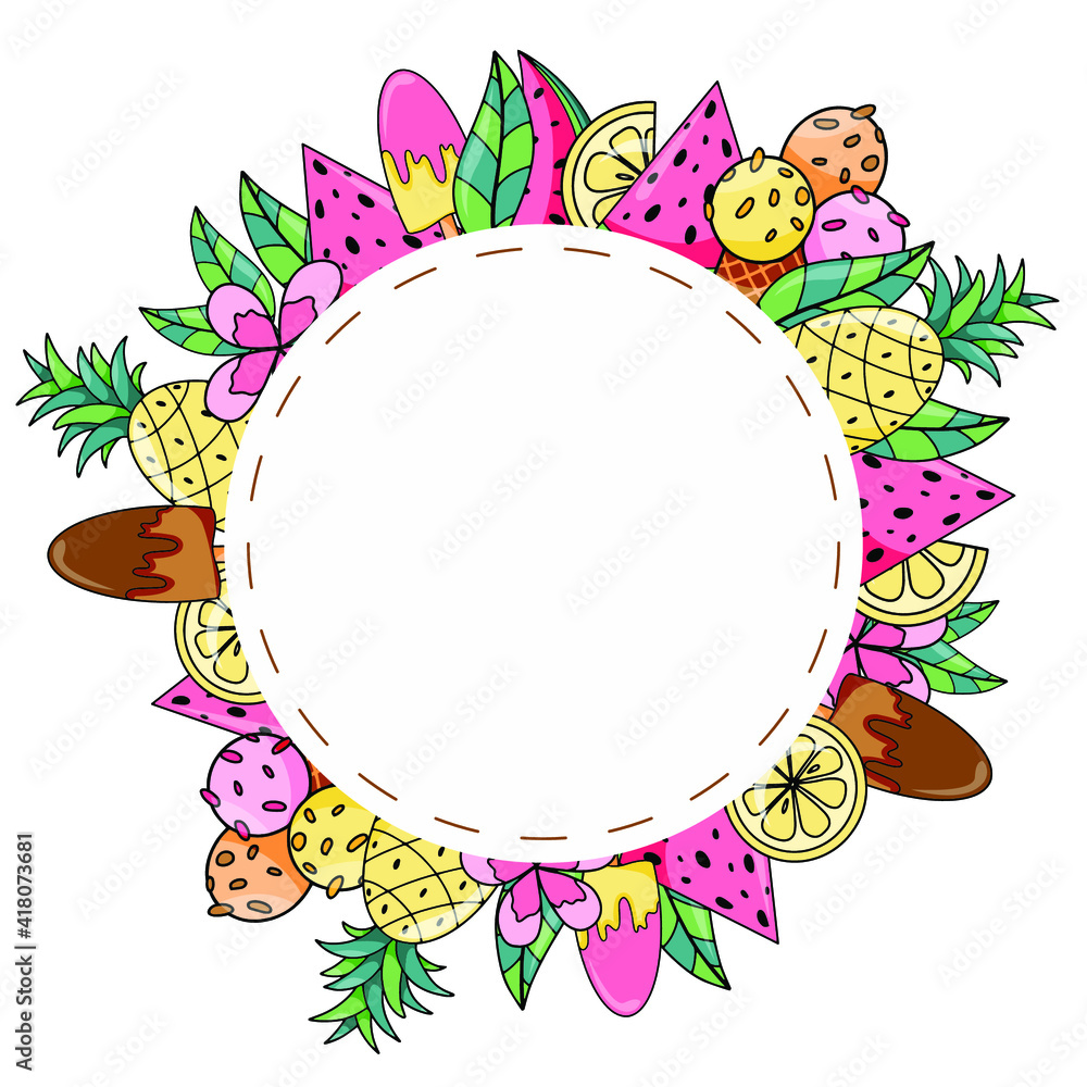 Summer round frame with exotic fruits, ice cream and coconut hand drawn vector illustration isolated on white backgraund