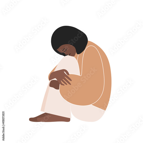 Vector flat concept with sad African American woman sitting and hugging her knees. Girl is in depressed mood, needs to keep mental health. She feels professional burnout, tiredness and frustration