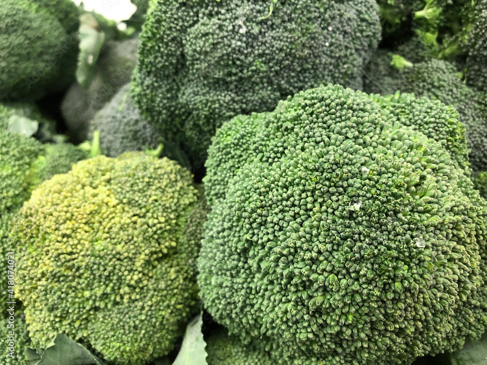 Closeup Fresh Broccoli green vibrant pile in basket shelf on a market. This Broccoli is cutting ready for cooking. Closeup Fresh Broccoli green vibrant pile in basket shelf on a market. This Broccoli is cutting ready for cooking.