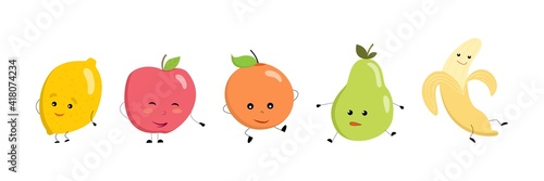 A set of cute fruits with a face, arms and legs - lemon, apple, pear, banana, orange. Kawaii design. Vector illustration in cartoon simple flat style. Fruit icons.