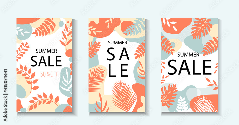 Hello summer. Collection of abstract background designs, summer sale template for your design. Creative contemporary aesthetic style. Vector illustration