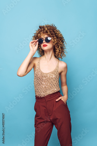 Beautiful woman Red lips sunglasses lifestyle fashion clothes 