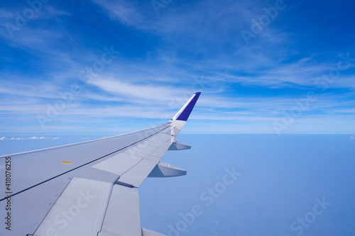 Photo of airplane wing with clouds background  horizon line and clear blue sky