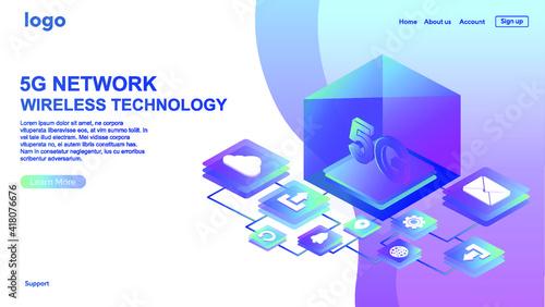5G network wireless technology illustration. Mobile internet of next generation. Web page design template. Box, button, icon for website. Isometric vector illustration