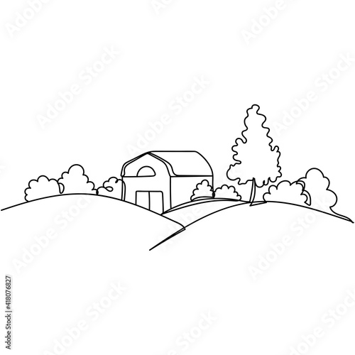Abstract vector illustration. Continuous one line drawing of farm. Minimal style. Sketch perfect for cards, party invitations, posters, stickers, clothing.