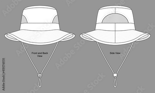 White bucket hat with mesh on both sides is a template on a gray background. Front and back views, vector file
