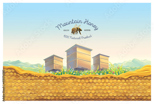 Bee apiary in the mountain landscape with honeycomb in the foreground and a symbolic illustration of a bee as a design element