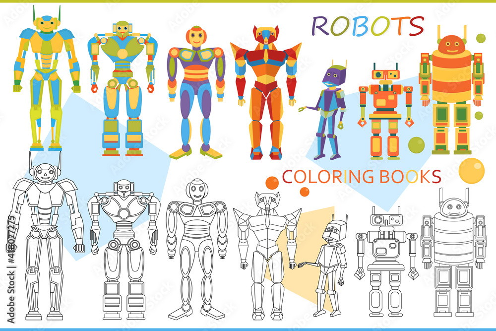 Set of retro robots. Coloring cute robots. Set of retro robots. Coloring cute robots.