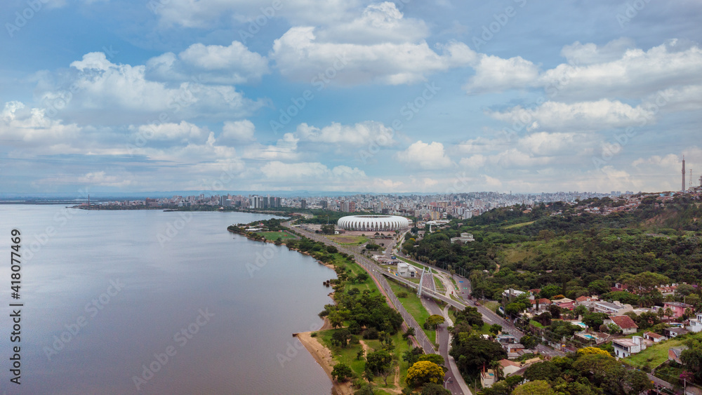 Brazil January 2021 : aerial image of the city of Porto Alegre and the Beira-Rio stadium