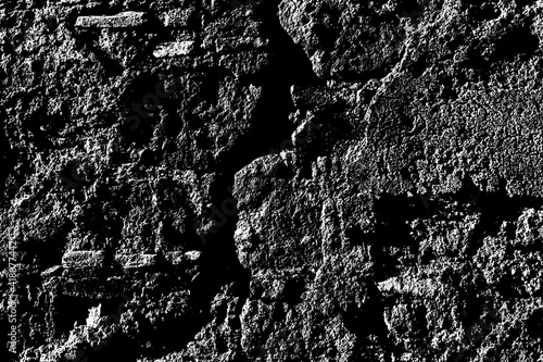 Texture of medieval crumbling stone basement wall. Large hard cobblestones of natural rocky block cement structure. Dirty broken bumpy shabby daub. Retro aged vintage messy masonry for design material