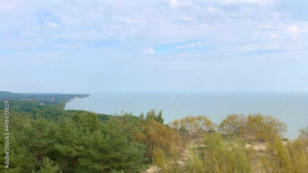 Panorama from the observation deck to the forest, the sea, clouds. Baltic Sea landscape. Birds fly against the blue sky with clouds, 4k resolution Panorama from the observation deck to the forest, the sea, clouds. Baltic Sea landscape. Birds fly against the blue sky with clouds, 4k resolution