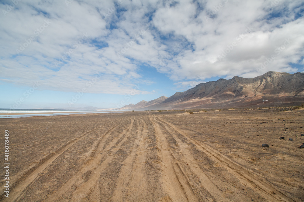 Wonderful landscape scenery of mountainous beach near Atlantic ocean in Fuerteventura island, Canary islands.