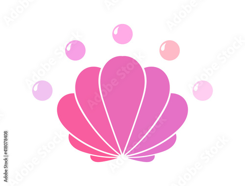 Pink sea shell with pearls on white background. Seashell icon.