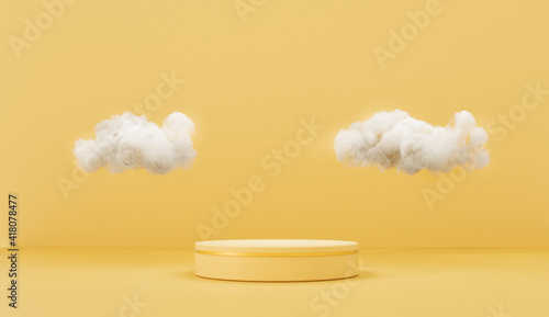 3D render, bright yellow podium, stand, platform with flying white clouds.Empty showcase for advertising and product presentation. Trendy mockup for cosmetic products.Composition of geometric objects. © JooLaR