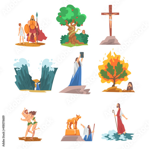 Bible Narratives with Goliath, Snake of Temptation and Expulsion of Adam and Eve from Paradise Vector Set