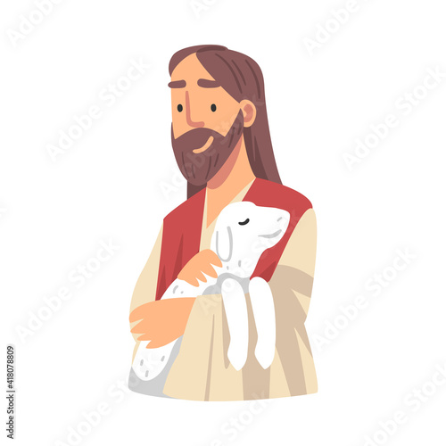 Jesus Christ Holding Lamb with His Arm as Narrative from Bible Vector Illustration