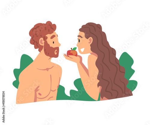 Obraz na plátne Adam and Eve Partaking Forbidden Fruit as Narrative from Bible Vector Illustrati