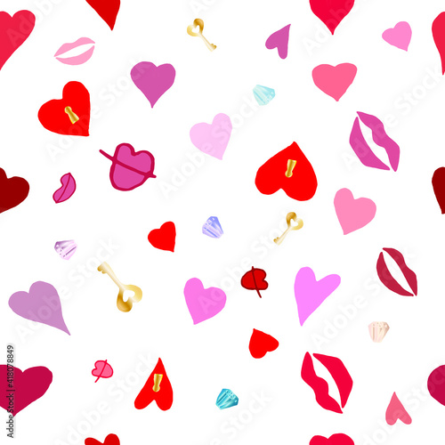 Seamless romantic pattern with hand drown hearts, keys, gems, lips. Ready template for Valentine's day cards, print, poster, party. Vector design.