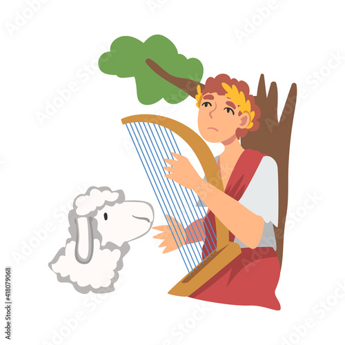 David King of Israel Playing Harp as Narrative from Bible Vector Illustration