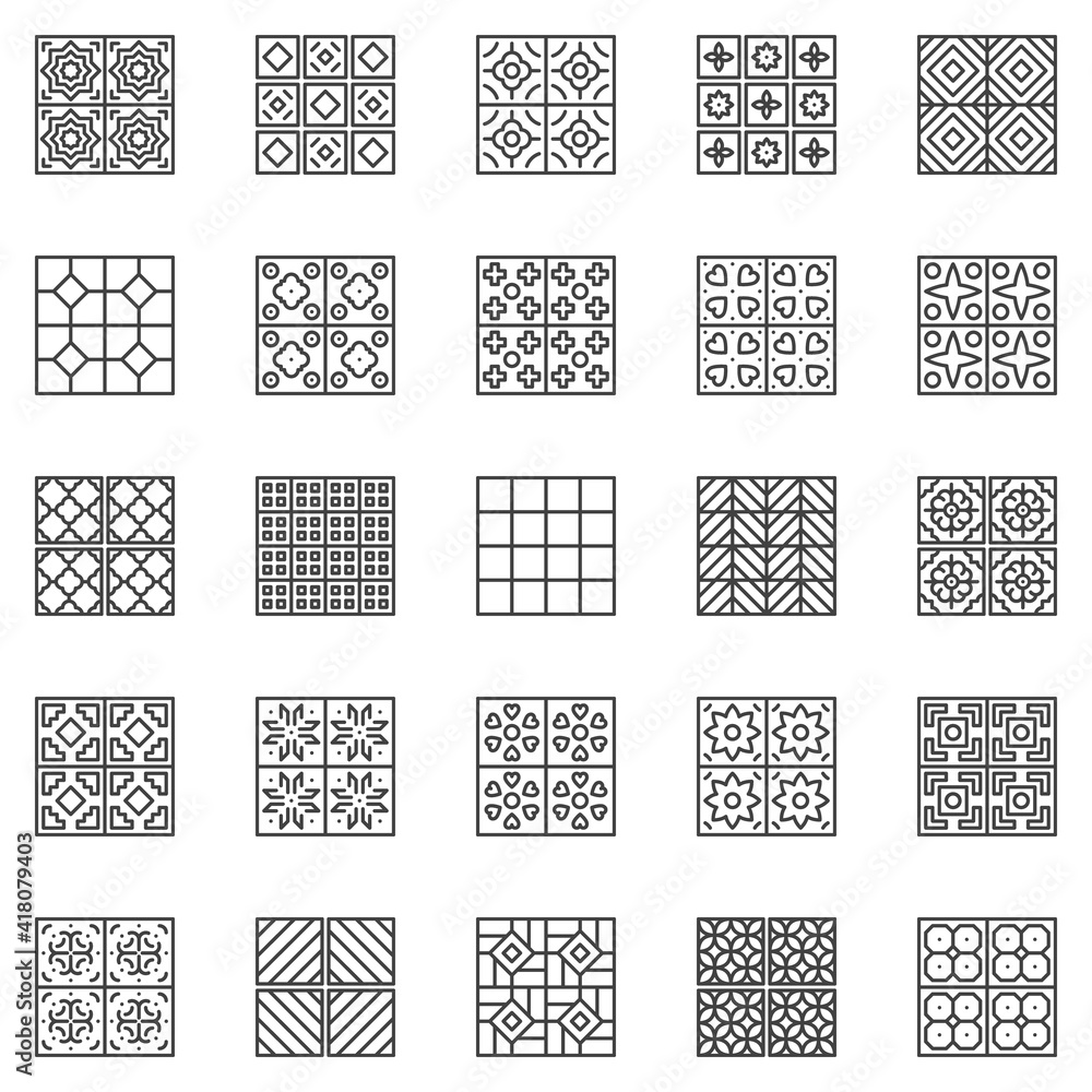 Tile vector outline icons set - ceramic tiles linear symbols