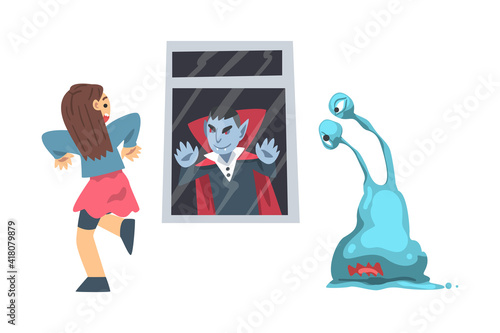 Little Girl Dodging from Window Imagining Vampire in the Darkness as Childhood Fear Vector Illustration