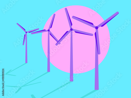 Wind turbines at sunset, pink sun in the style of the 80s. Wind park. Renewable green energy, clean electricity production. Eco-friendly wind energy. Vector Illustration