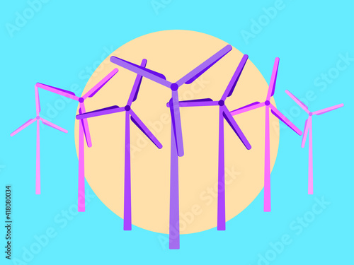 Wind turbines at sunset, pink and yellow colors in the style of the 80s. Wind park. Renewable green energy, clean electricity production. Eco-friendly wind energy. Vector Illustration
