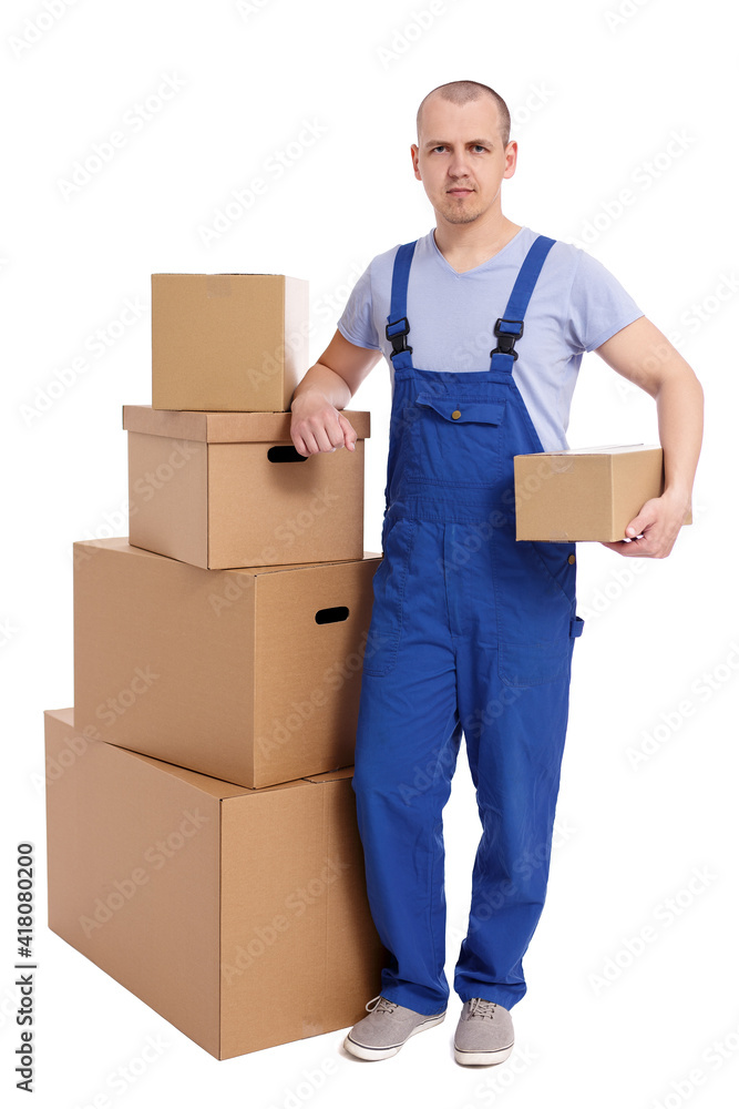 full length portrait of loader man with heap of boxes isolated on white. full length portrait of loader man with heap of boxes isolated on white.