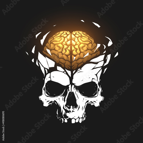 Skull illustration with gold brain
