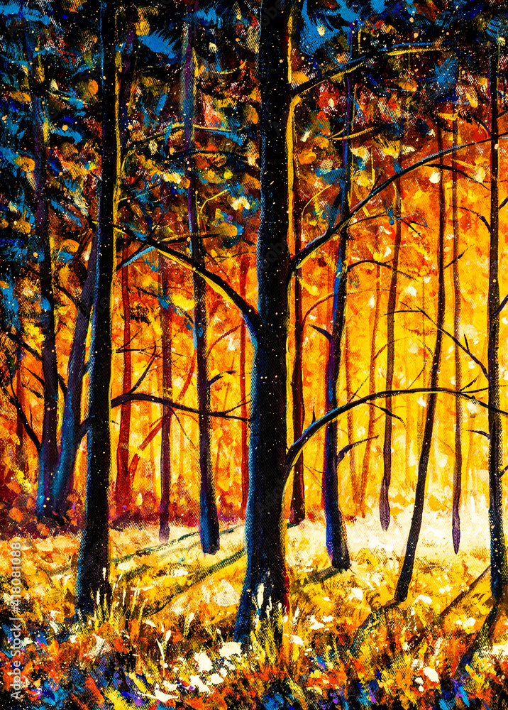 Orange gold trees in park alley forest texture impressionism original oil painting art background landscape