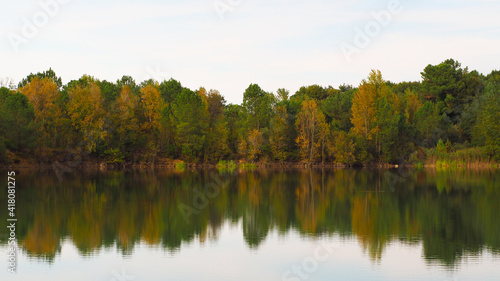 Rive opposée d'un étang, arborant les couleurs de l'automne