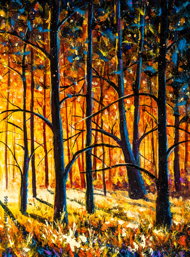 Beautiful sunrise sunset in autumn orange park alley forest original oil painting . Trees lit by sun impressionism