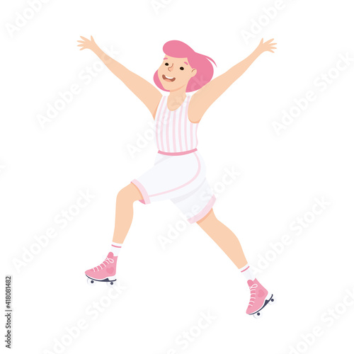 Cheerful Woman Character Dancing on Roller Skates Vector Illustration.