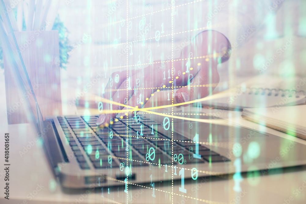 Double exposure of woman hands working on computer and data theme hologram drawing. Tech concept. Double exposure of woman hands working on computer and data theme hologram drawing. Tech concept.